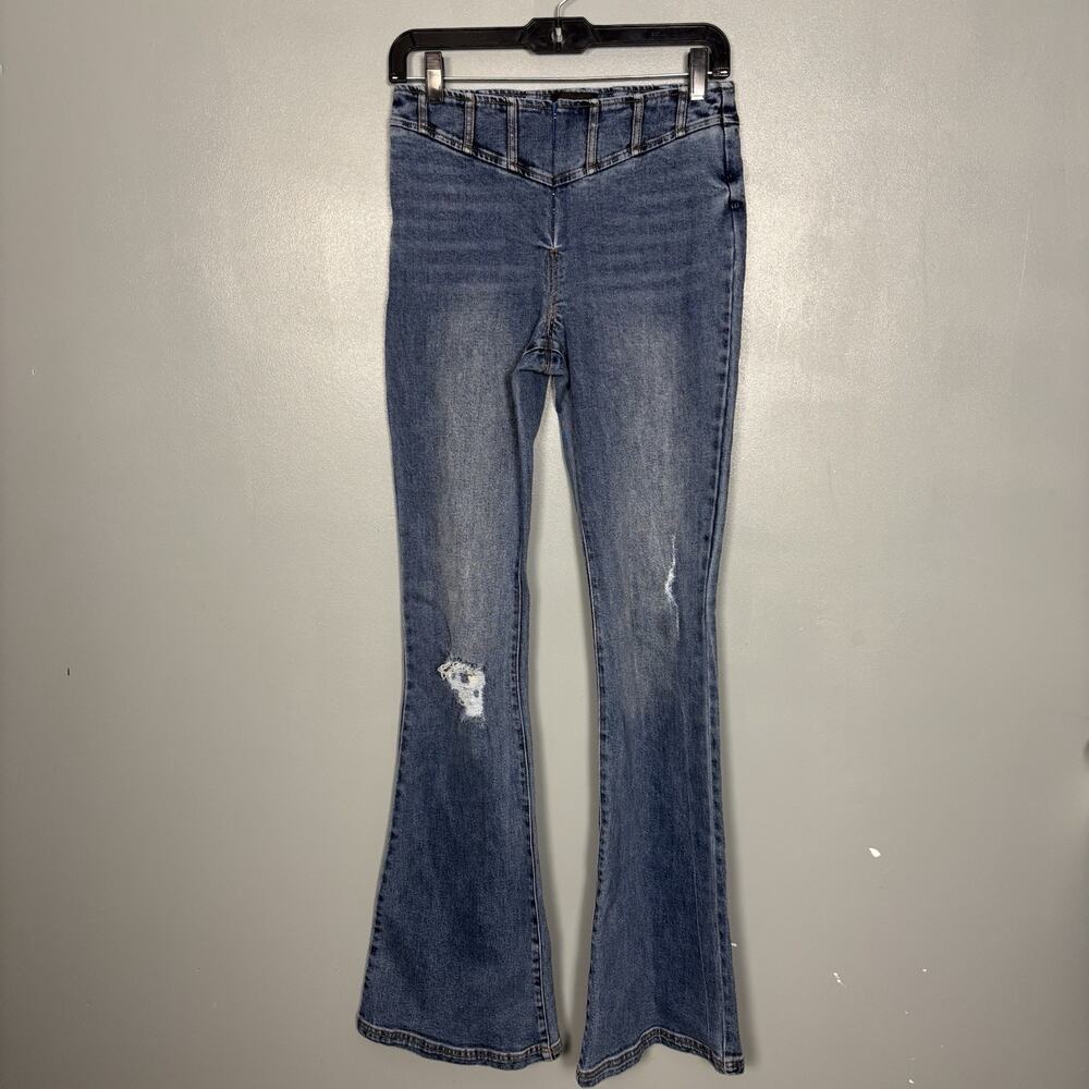 RETROFETE Women’s Estela Blue Denim Jeans Pants 25 Snug Distressed Hip Clasp